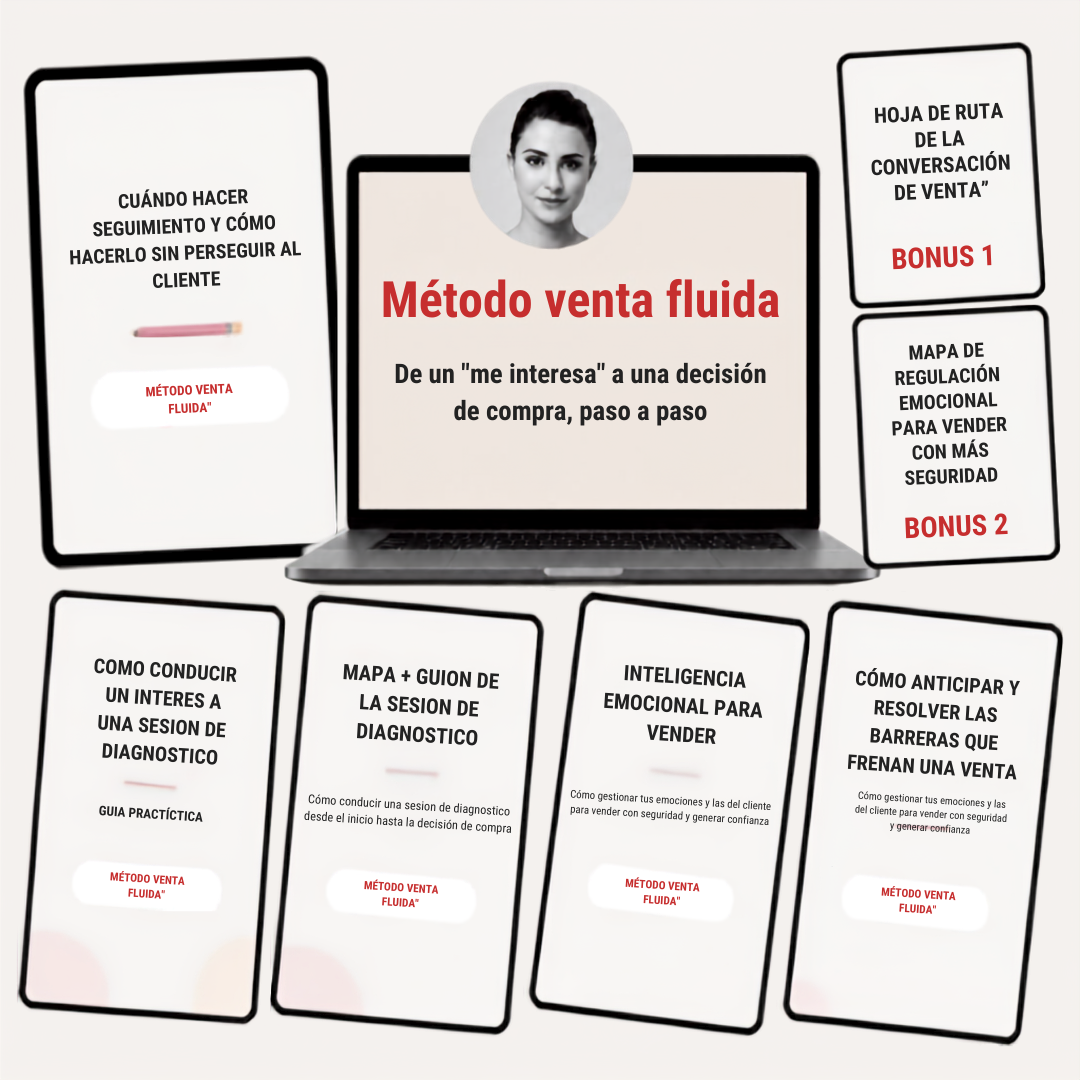 Método Venta Fluida presentado en varios dispositivos junto a cuatro guías prácticas y dos bonus.